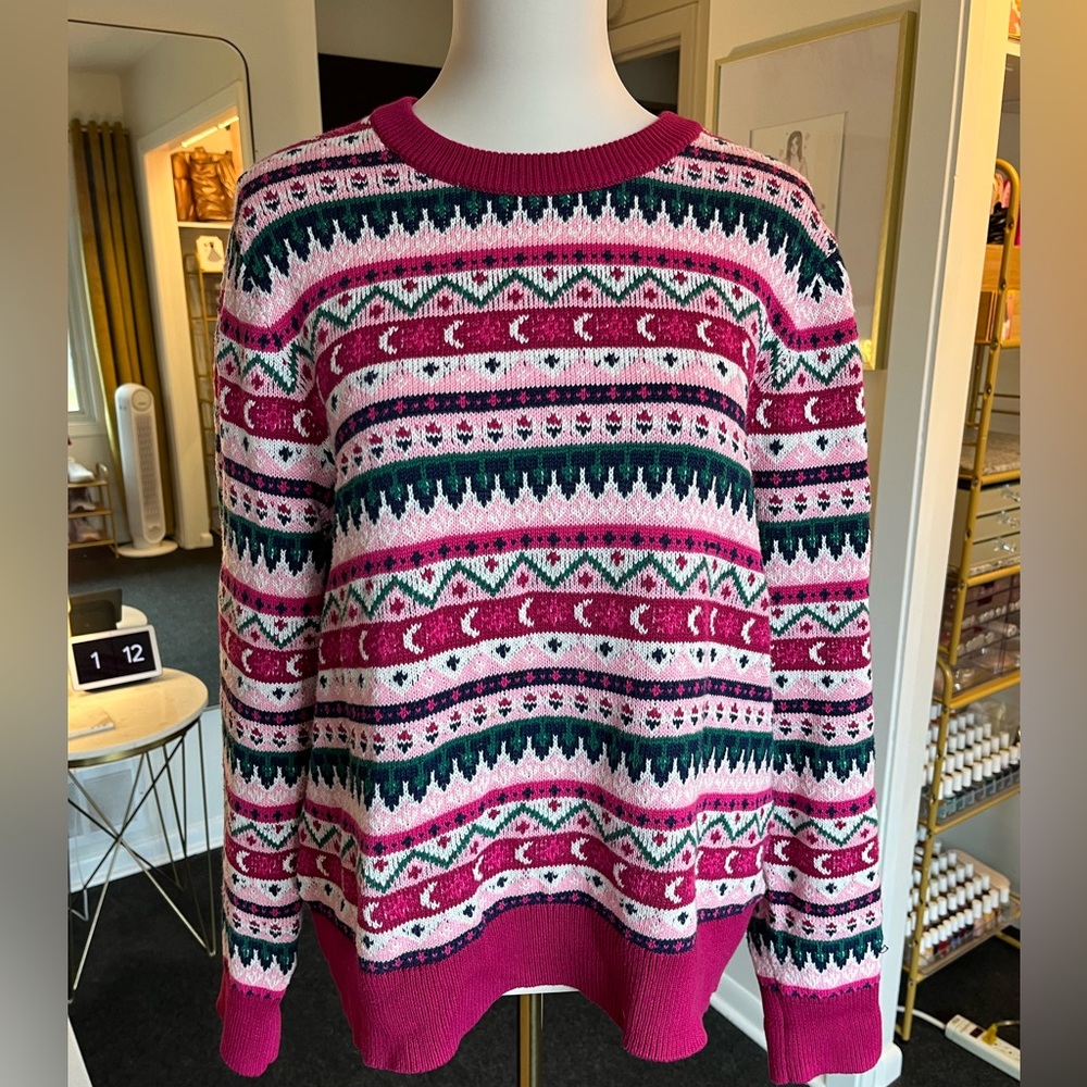 J. Crew Multicolor Pink and Green Patterned Sweater